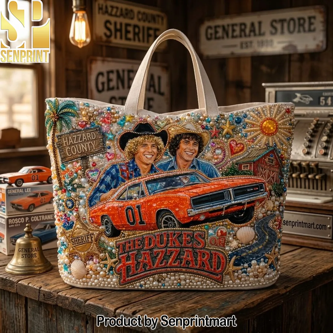 The Dukes of Hazzard General Lee Beaded Pearl Embellished Tote Bag