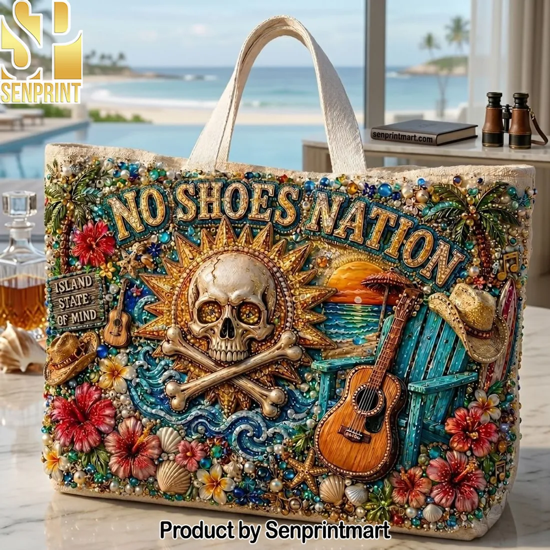 No Shoes Nation Island State of Mind 3D Graphic Beach Tote Bag