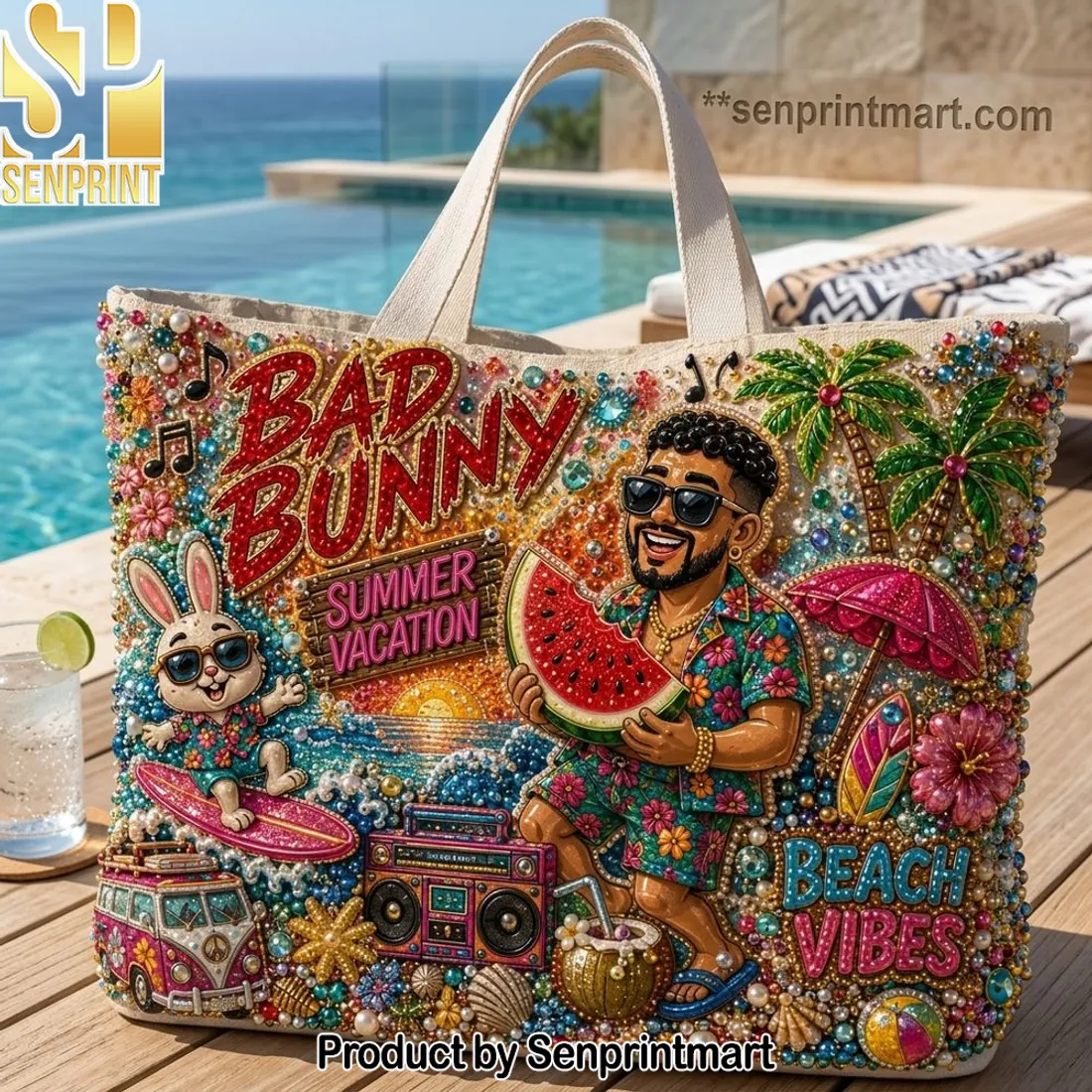 Bad Bunny Summer Vacation Embellished Tote Bag