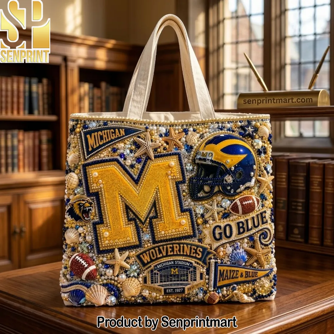 Michigan Wolverines Go Blue Embellished Beaded Game Day Canvas Tote Bag