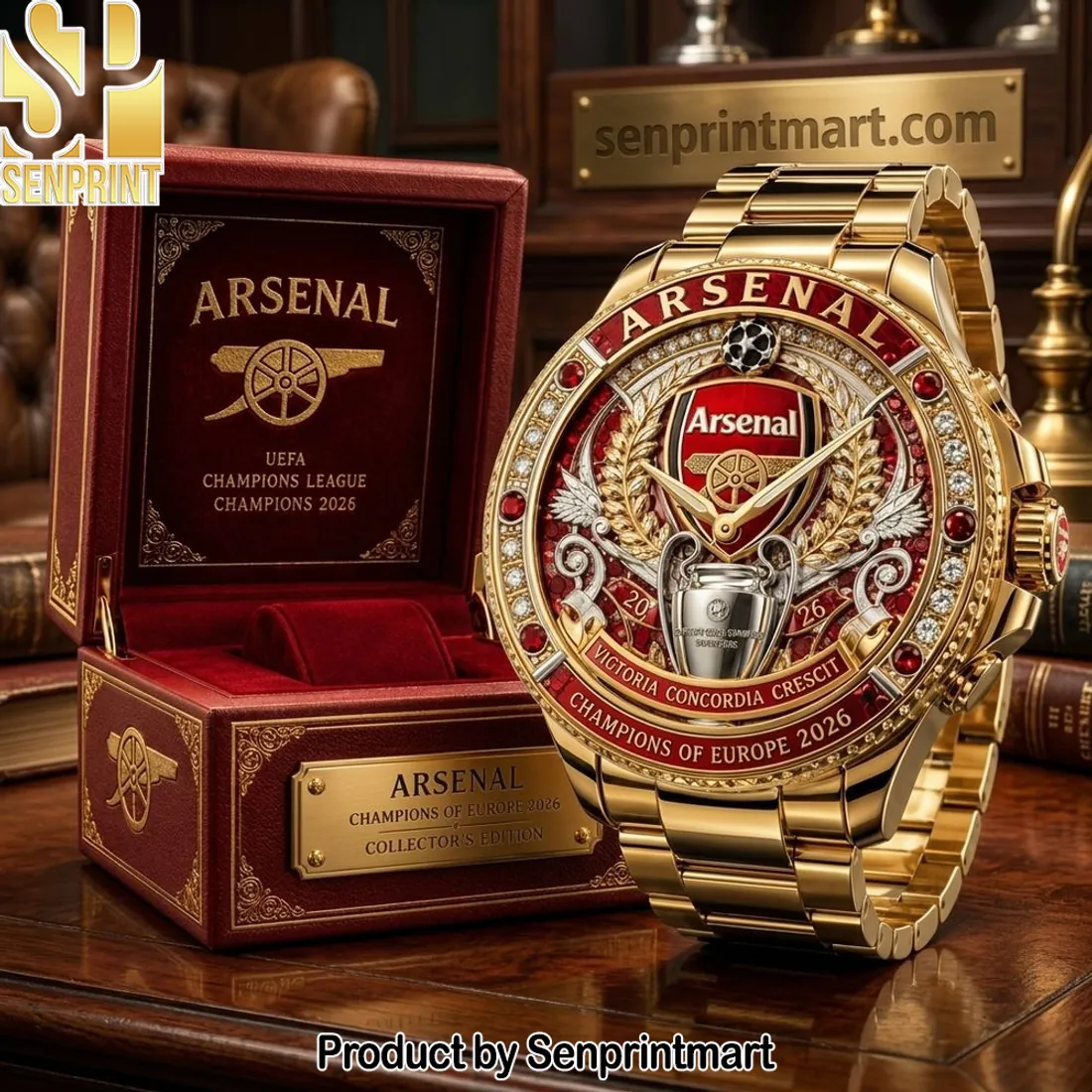 Arsenal FC Champions of Europe 2026 Collector’s Edition Luxury Gold Stainless Steel Watch