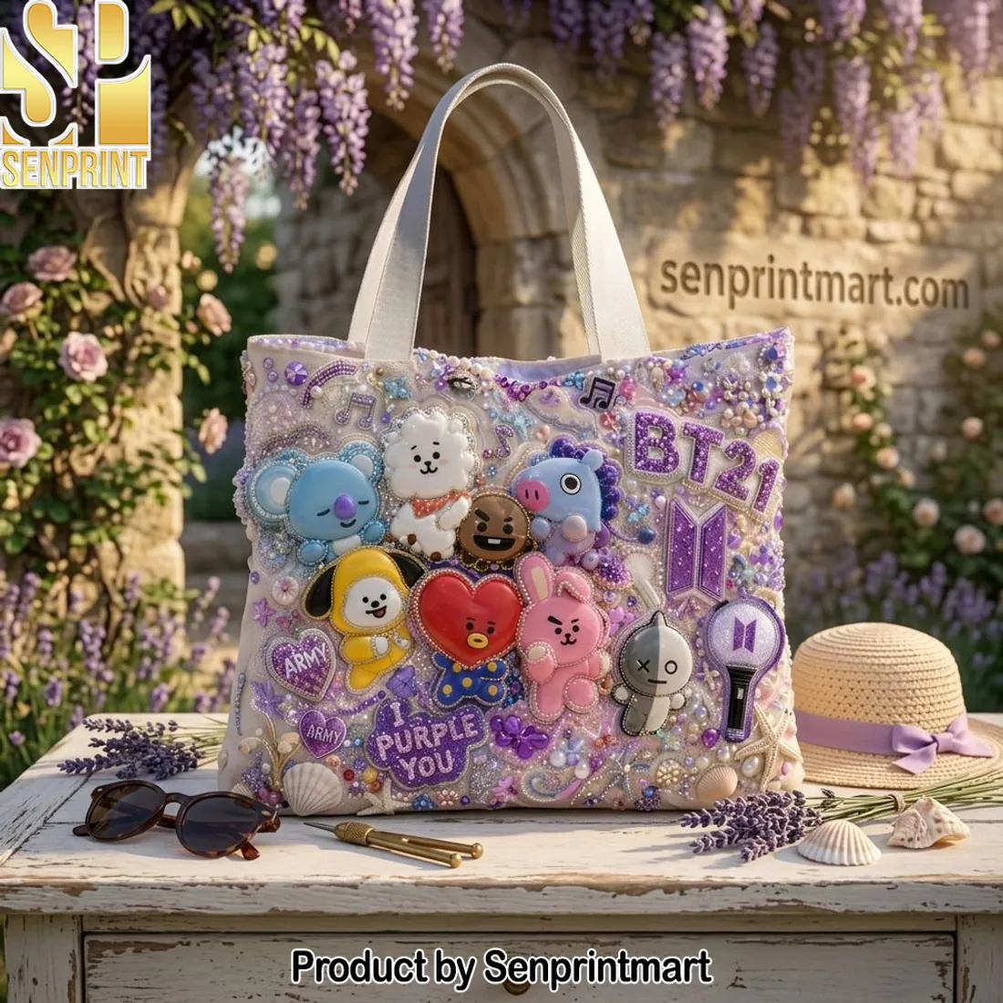BT21 I Purple You Beaded Character Embellished Canvas Tote Bag