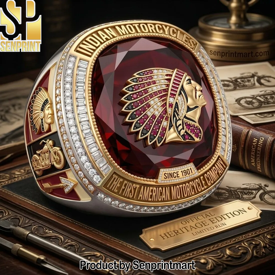 Indian Motorcycles Since 1901 Heritage Edition Commemorative Gold Biker Ring