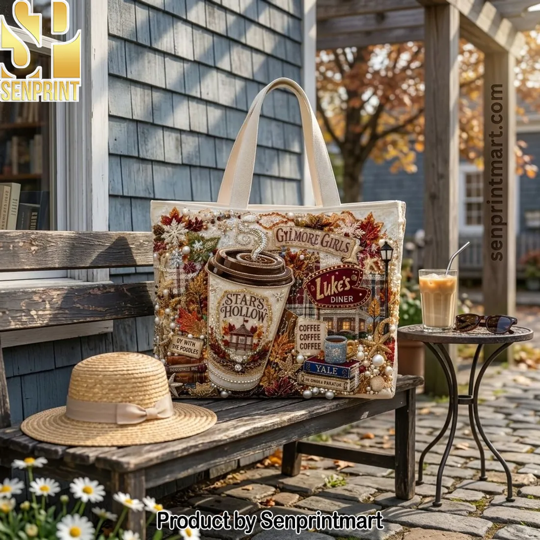 Gilmore Girls Lukes Diner Stars Hollow Beaded Canvas Tote Bag
