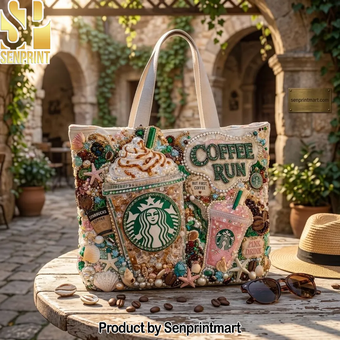 Starbucks Inspired Coffee Run Beaded Luxury Canvas Tote Bag