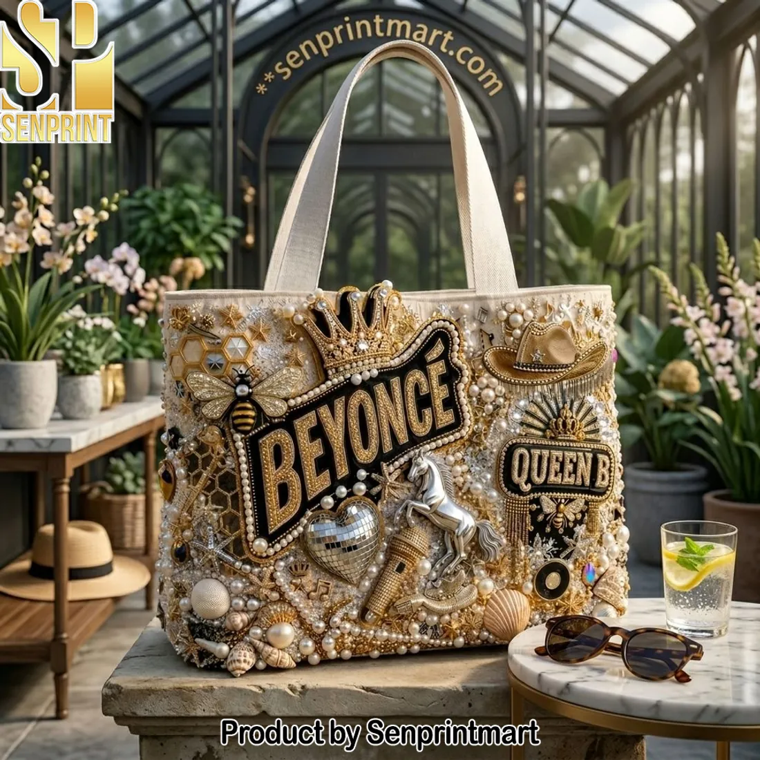 Beyonce Queen B Luxury Pearl Embellished Tote Bag