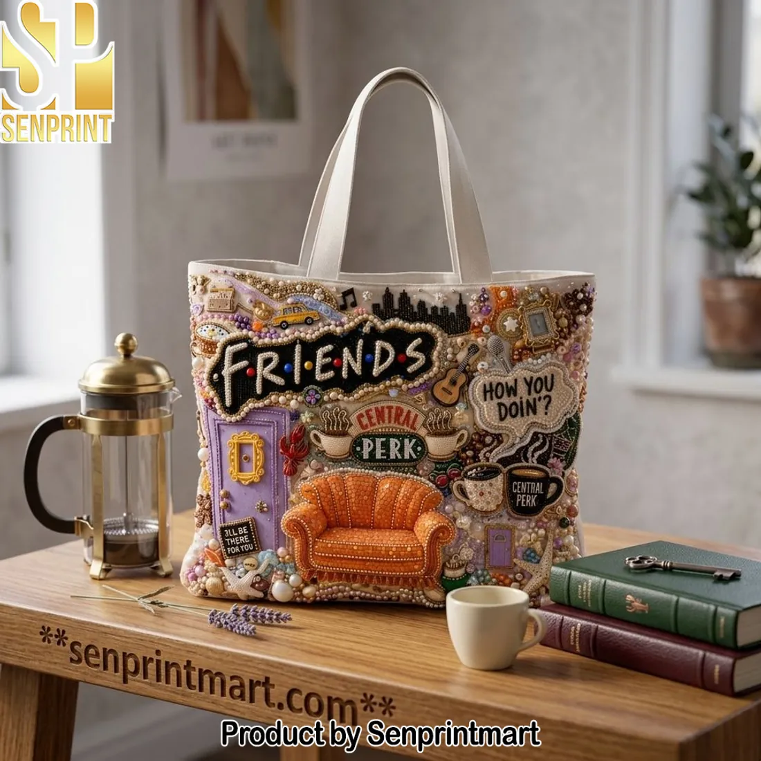 Friends TV Show Central Perk Beaded Embellished Canvas Tote Bag
