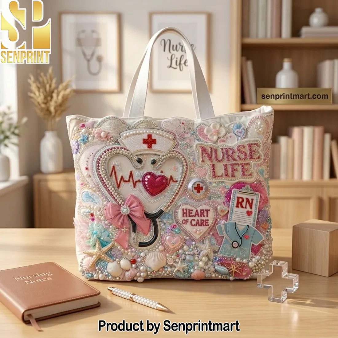 Nurse Life Embellished RN Heart of Care Luxury Tote Bag