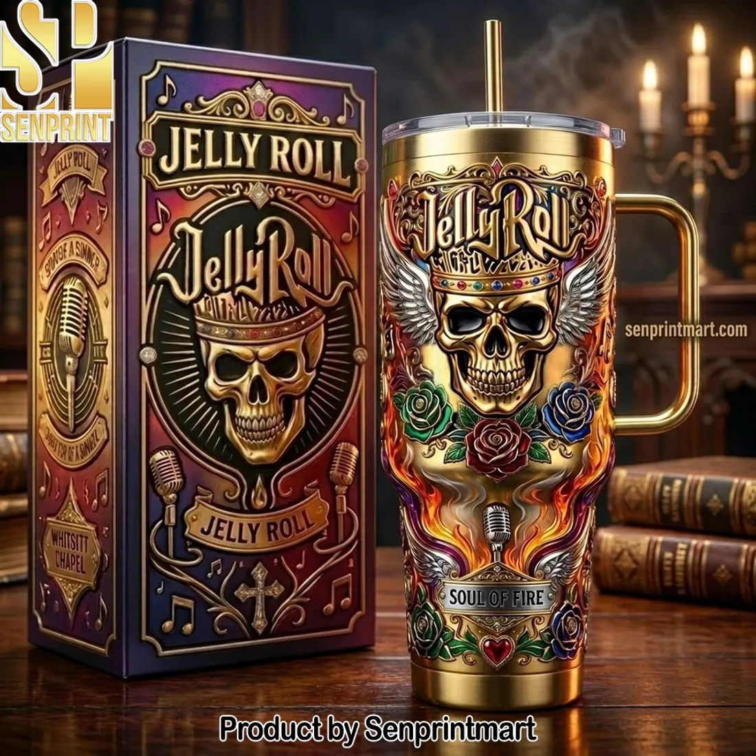 Jelly Roll Soul of Fire Gold Skull 40oz Tumbler with Handle