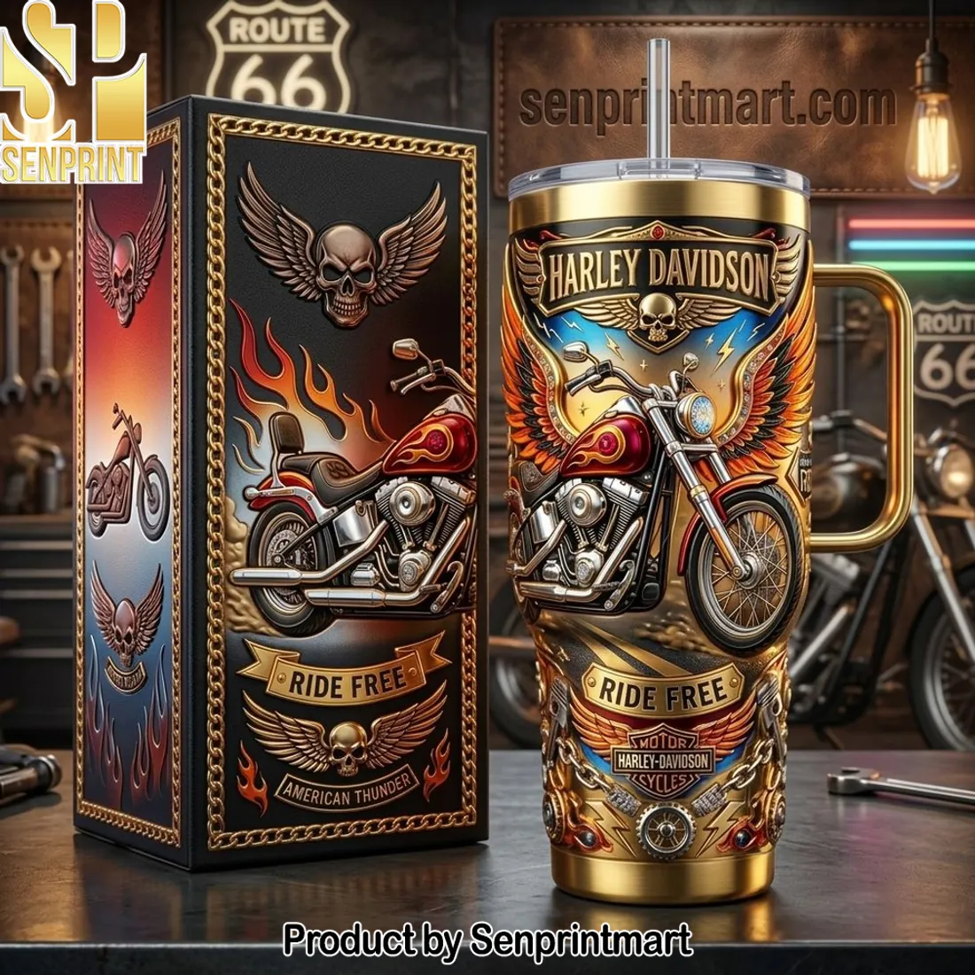 Harley Davidson Ride Free Gold 3D Motorcycle 40oz Tumbler with Handle