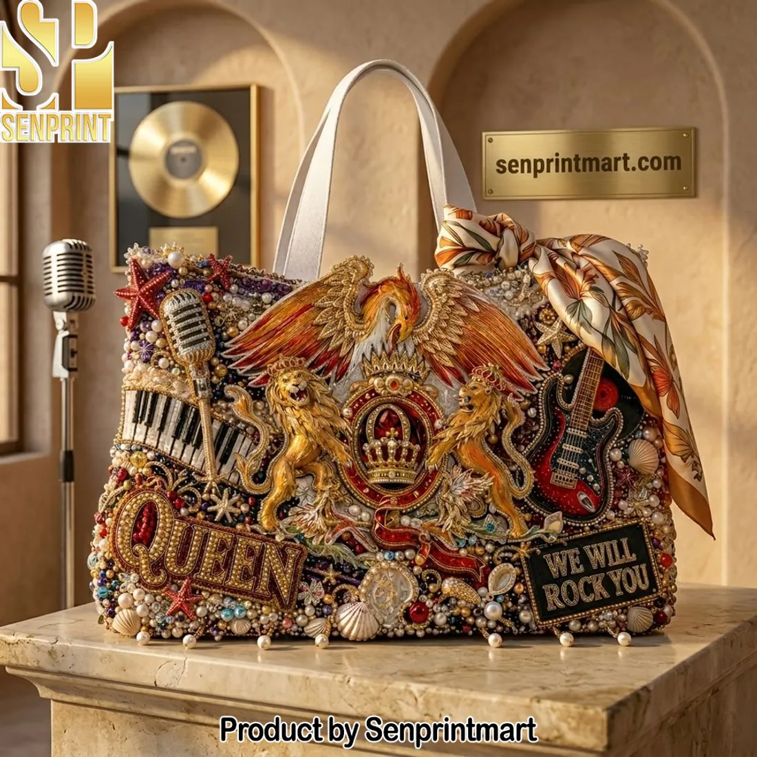 Queen Band Luxury Embroidered “We Will Rock You” Tote Bag