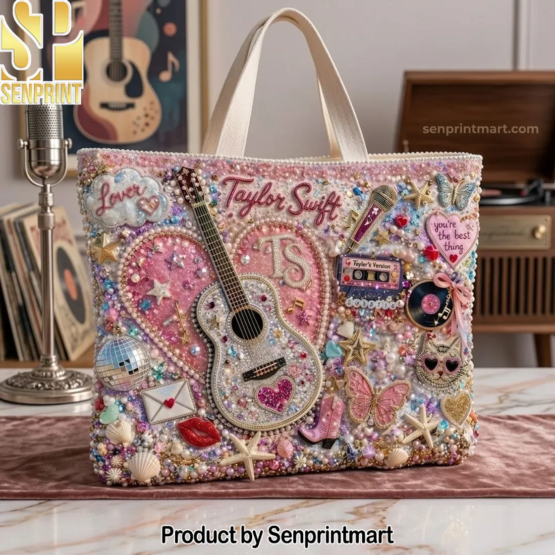 Taylor Swift Lover Era Pink Beaded Embellished Tote Bag