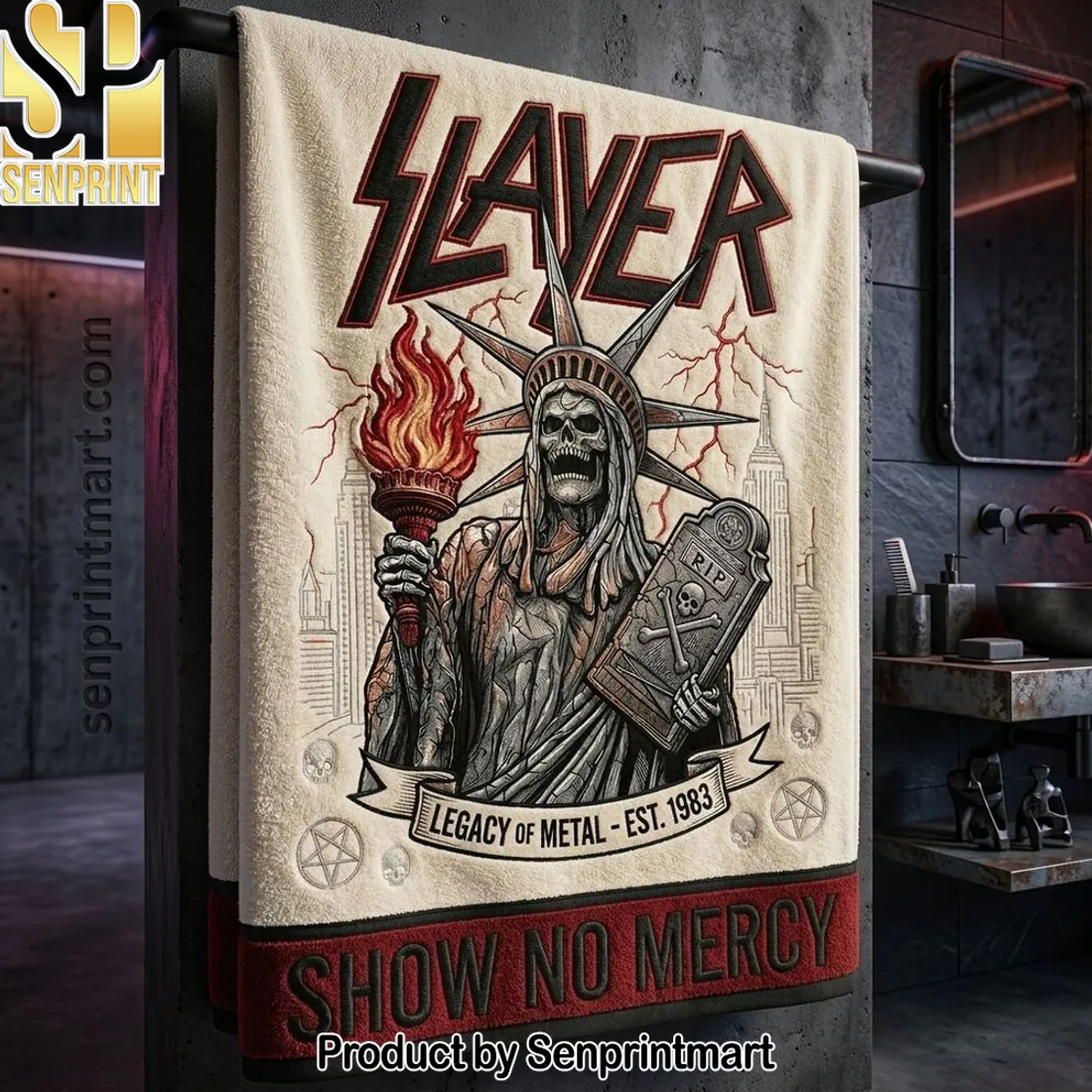 Slayer Legacy of Metal Est. 1983 Skeleton Statue Bath Towel