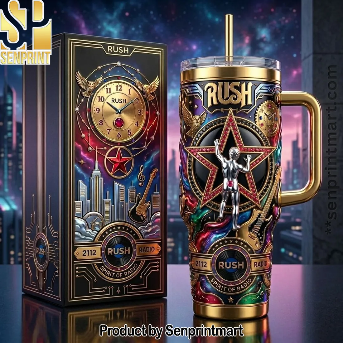 Rush Band 2112 Spirit Of Radio Premium 3D Embossed Gold 40oz Tumbler With Handle