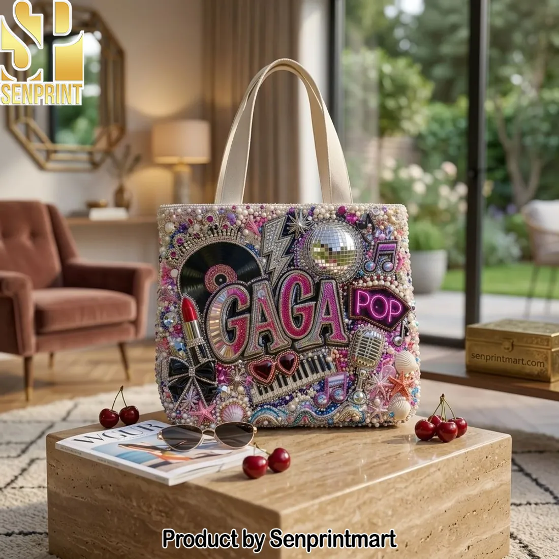 Lady Gaga Pop Music Embellished Beaded Tote Bag