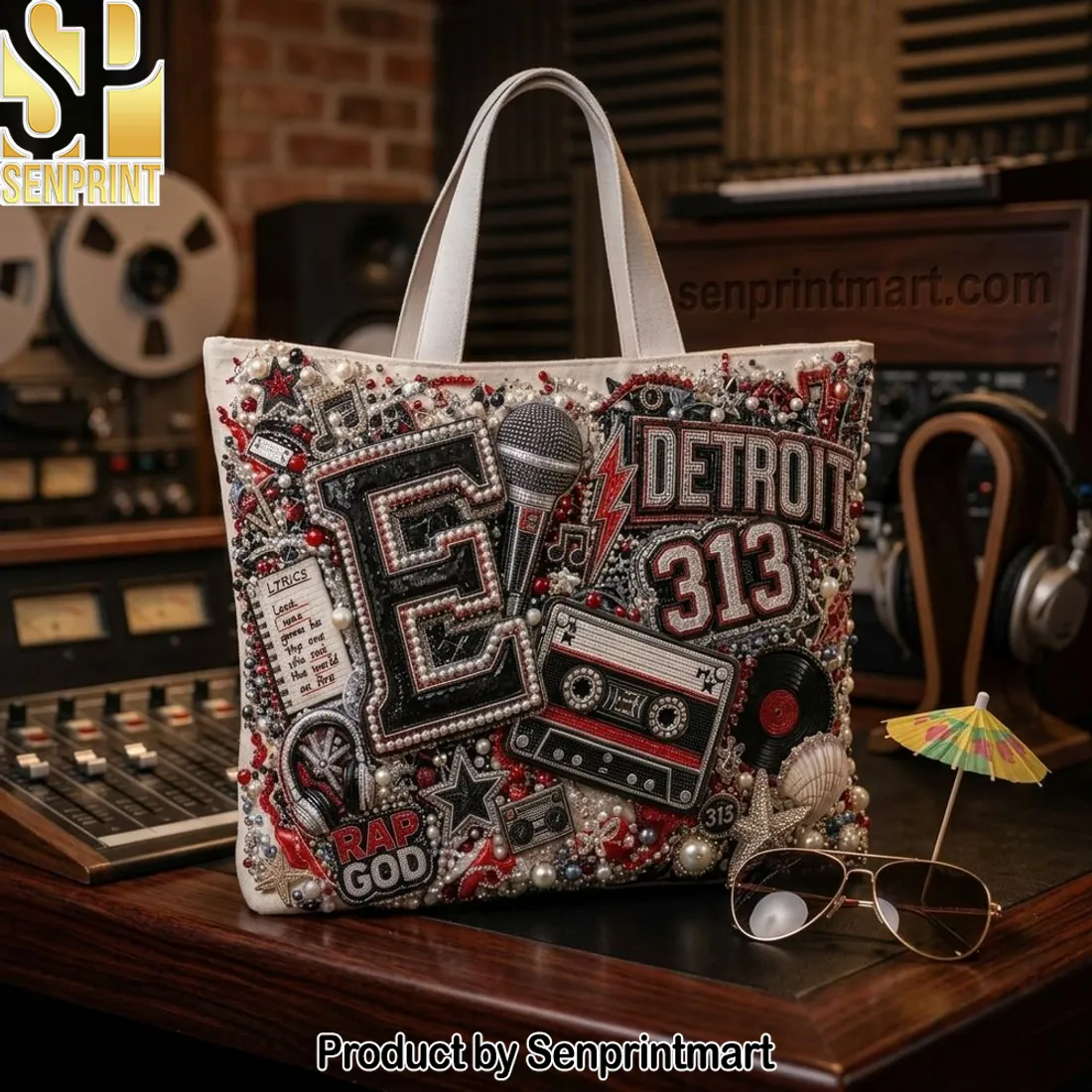 Eminem Detroit 313 Rap God Embellished Beaded Canvas Tote Bag