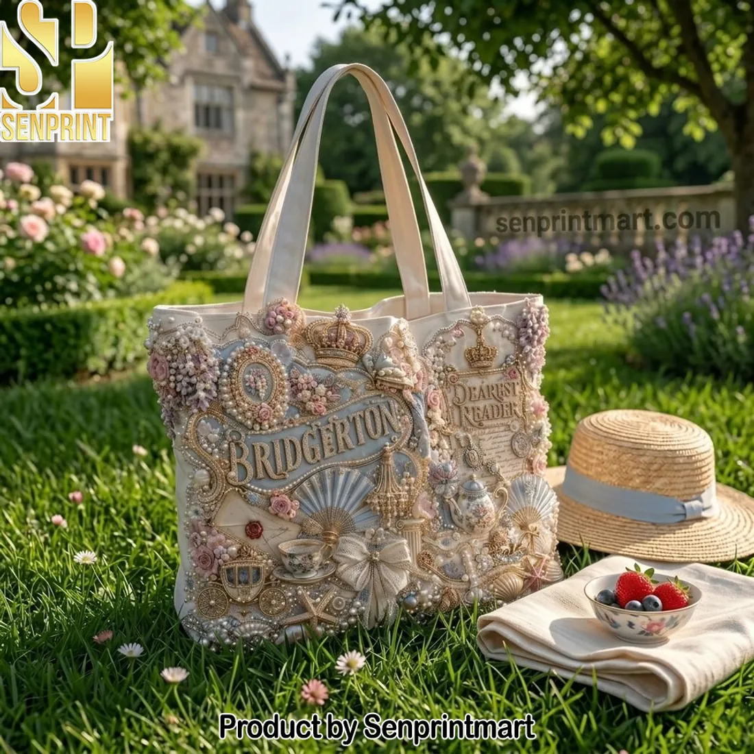 Bridgerton Dearest Reader Luxury Pearl Embellished Tote Bag