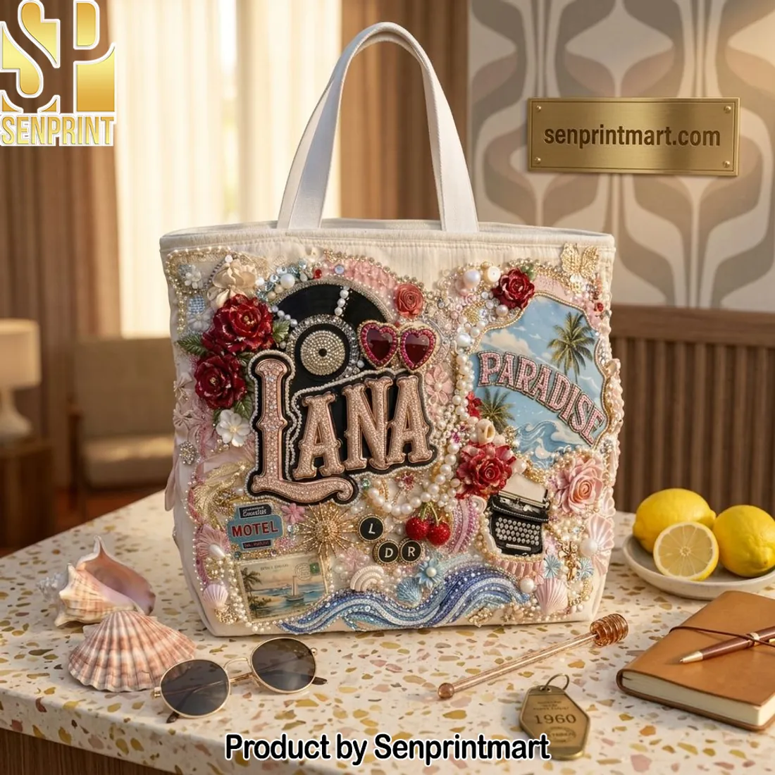 Lana Del Rey Paradise Pearl Embellished Tote Bag