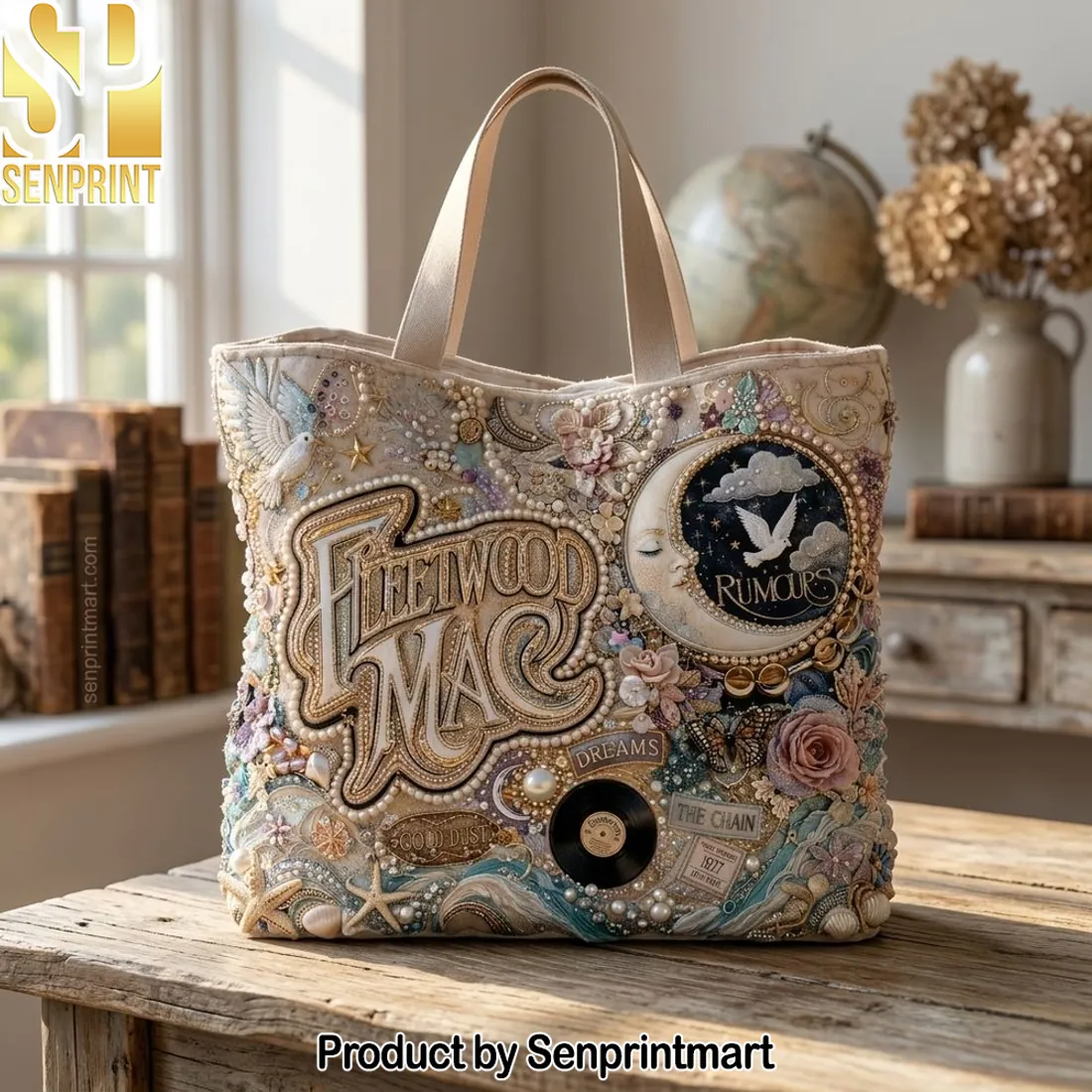 Fleetwood Mac Rumours Vintage Beaded Boho Canvas Tote Bag