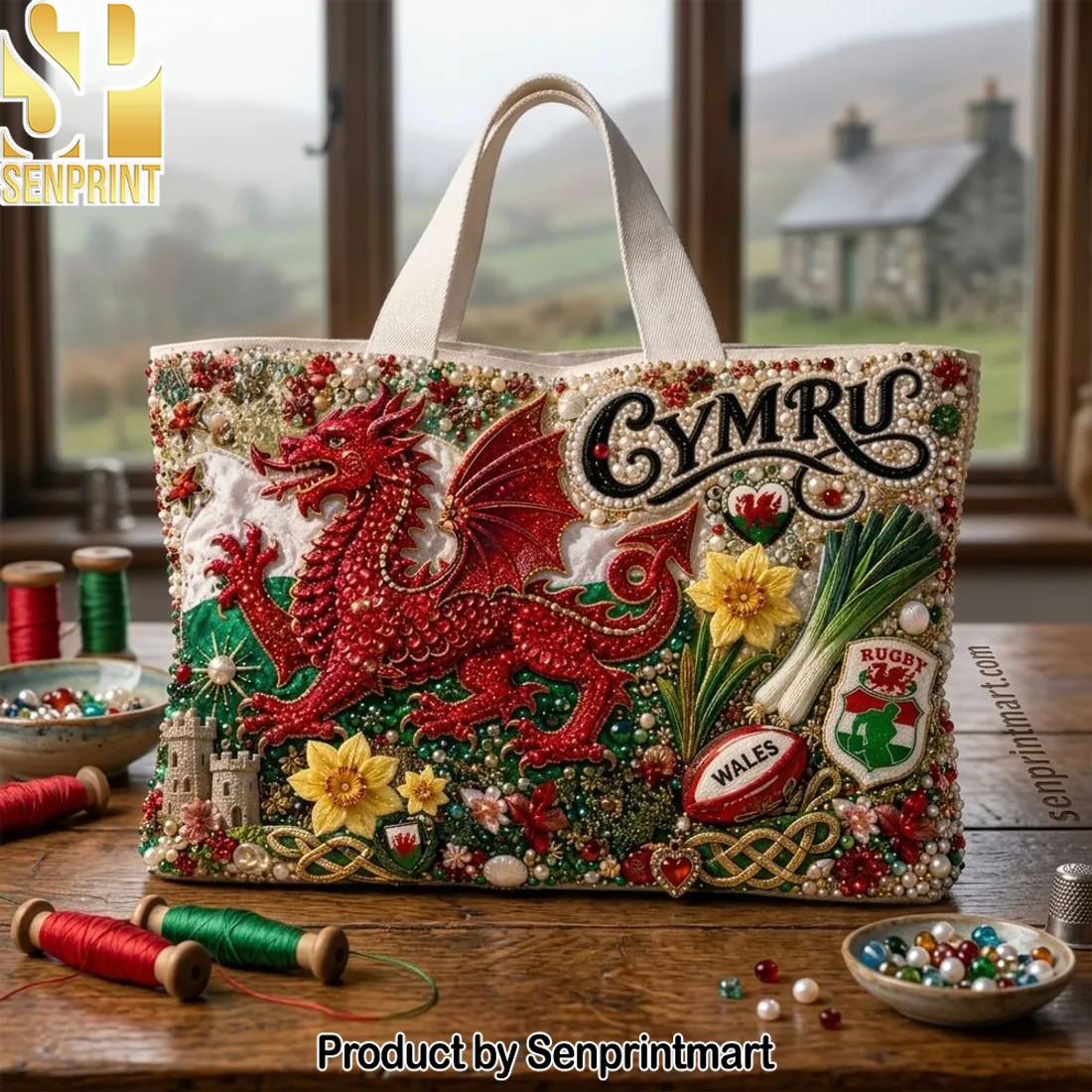 Cymru Welsh Dragon Luxury Beaded Embellished Tote Bag