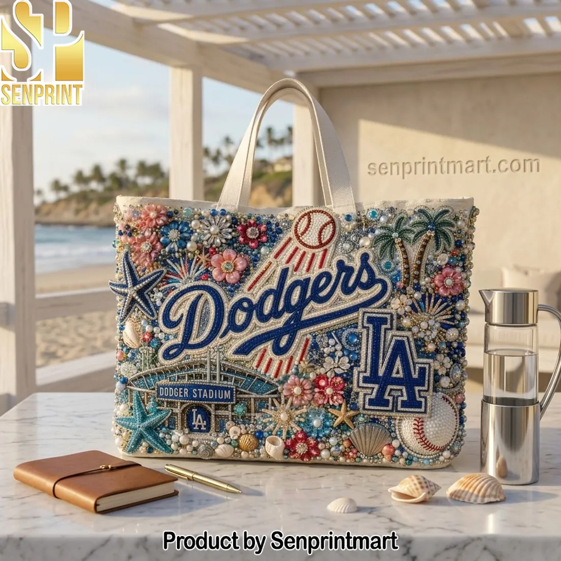 LA Dodgers Dodger Stadium Luxury Beaded Floral Tote Bag