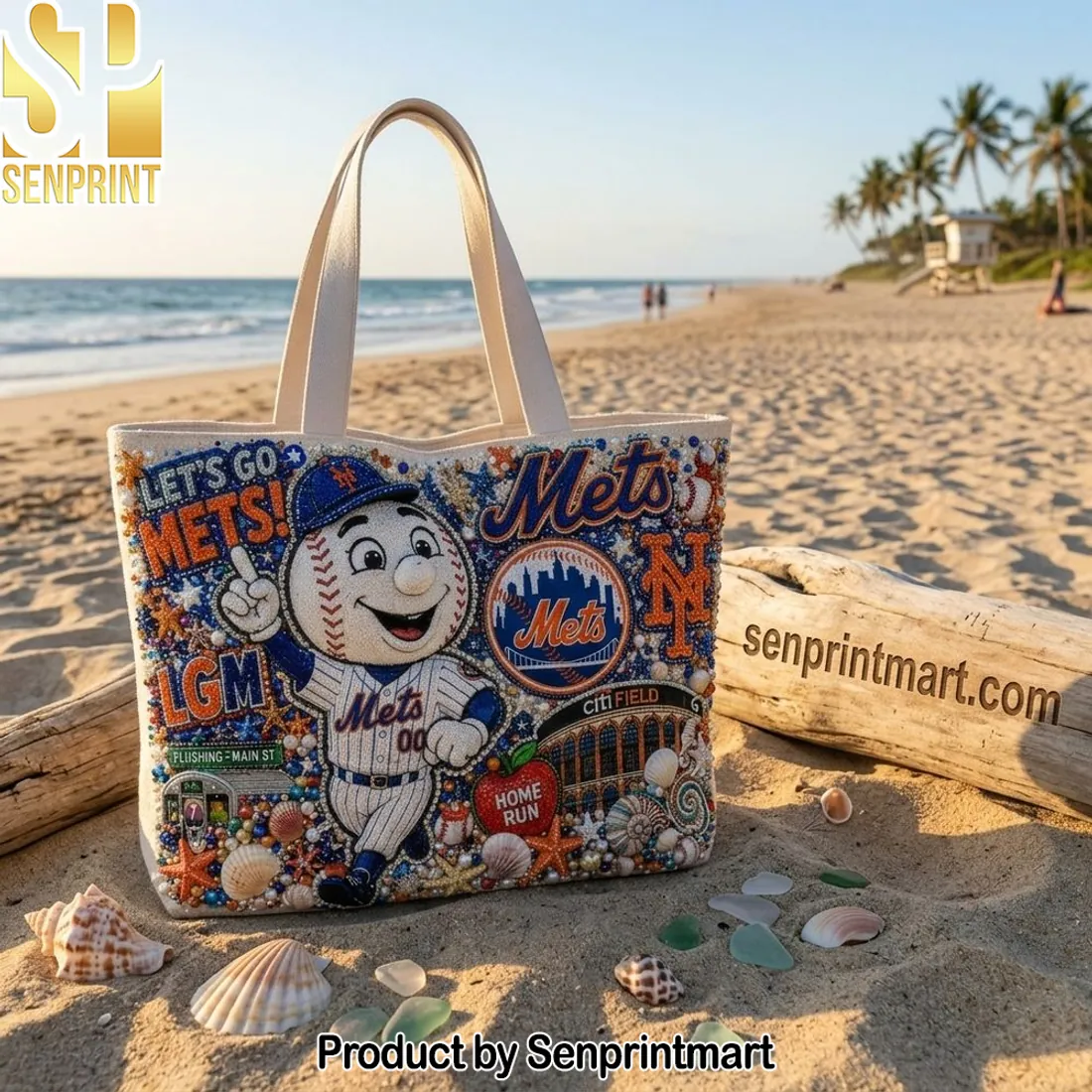 New York Mets Mr Met Beaded Embellished Canvas Tote Bag