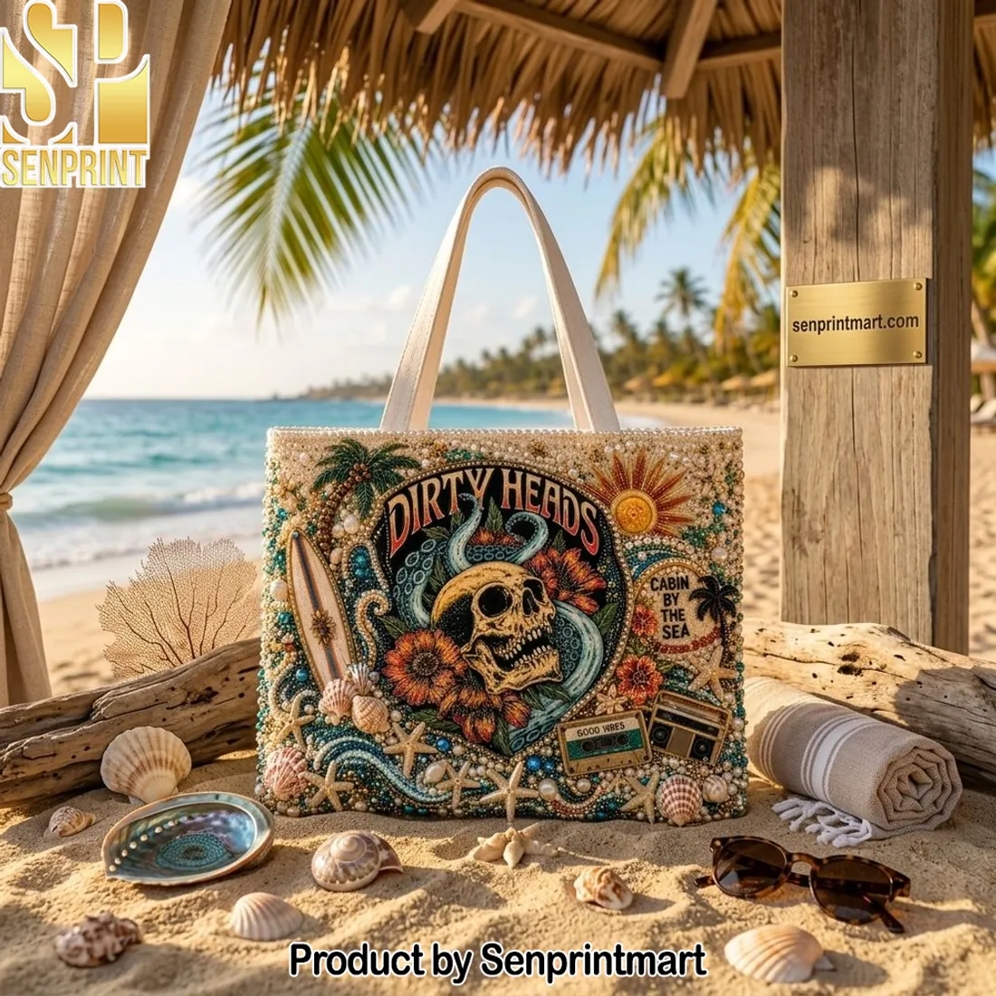 Dirty Heads Skull Octopus Beach Embellished Tote Bag