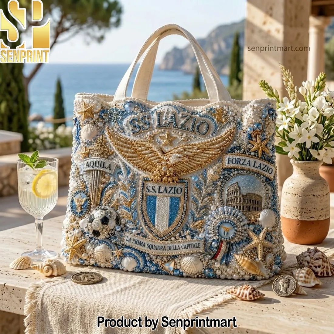SS Lazio Forza Lazio Luxury Beaded Pearl Embellished Tote Bag