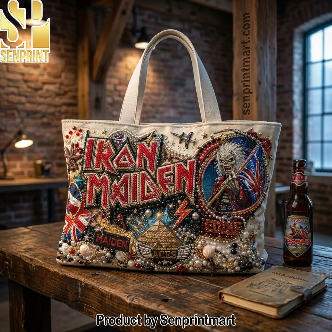 Iron Maiden Eddie Beaded Embellished Luxury Canvas Tote Bag