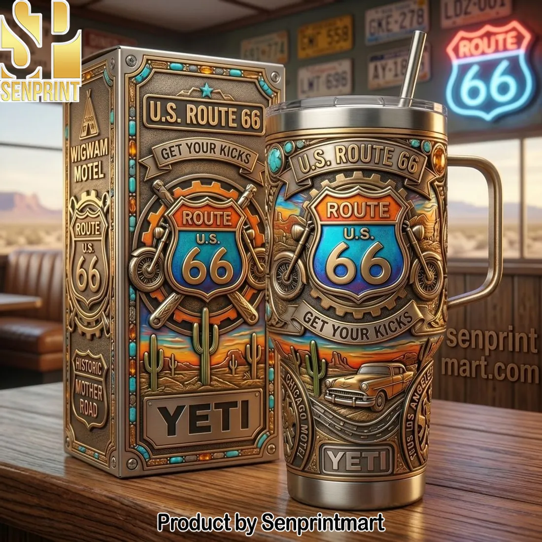 U.S. Route 66 Get Your Kicks Vintage Embossed 40oz Tumbler With Handle