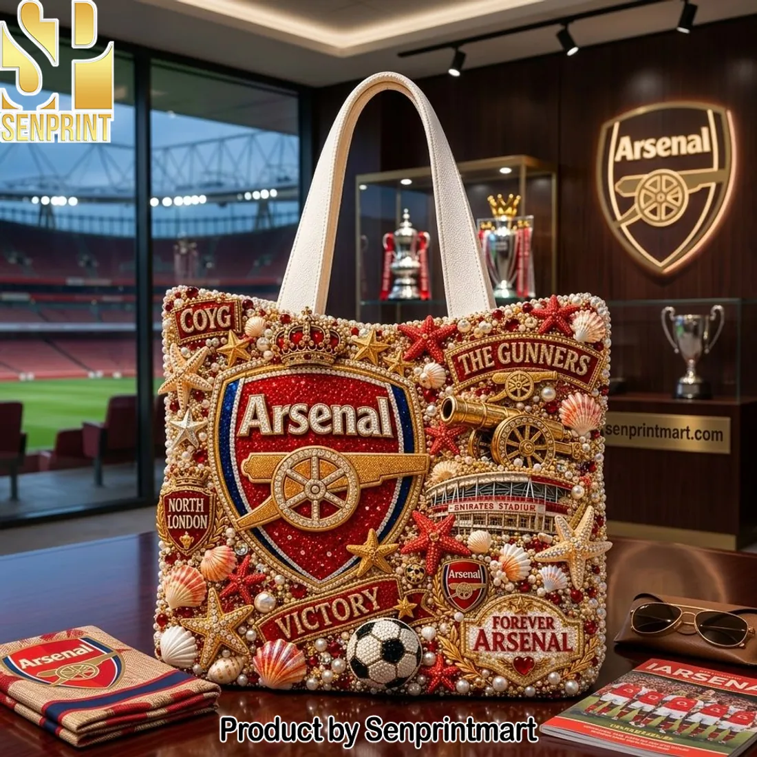 Arsenal The Gunners Luxury Pearl Embellished Tote Bag