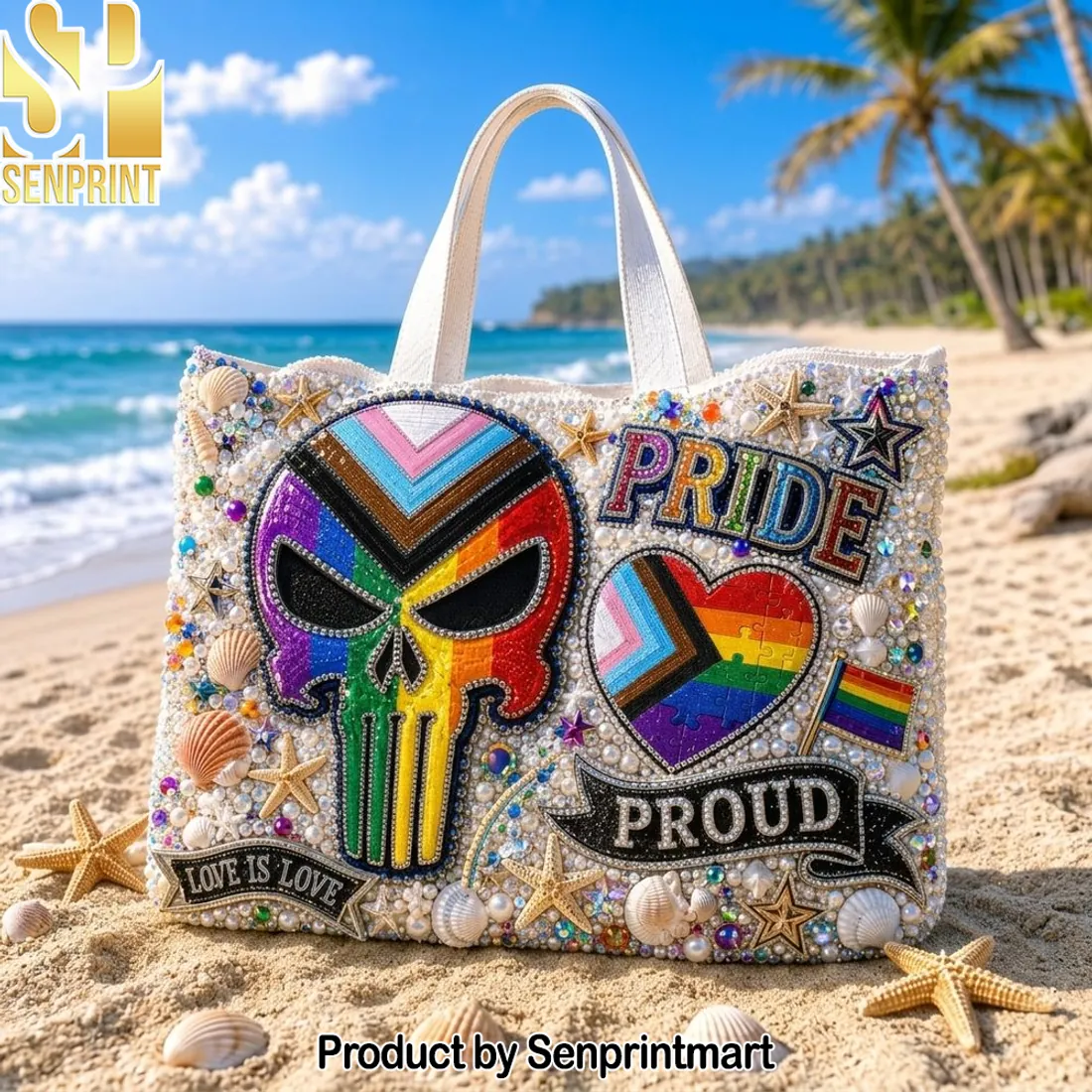 Pride Love is Love Embellished Rainbow Skull Tote Bag
