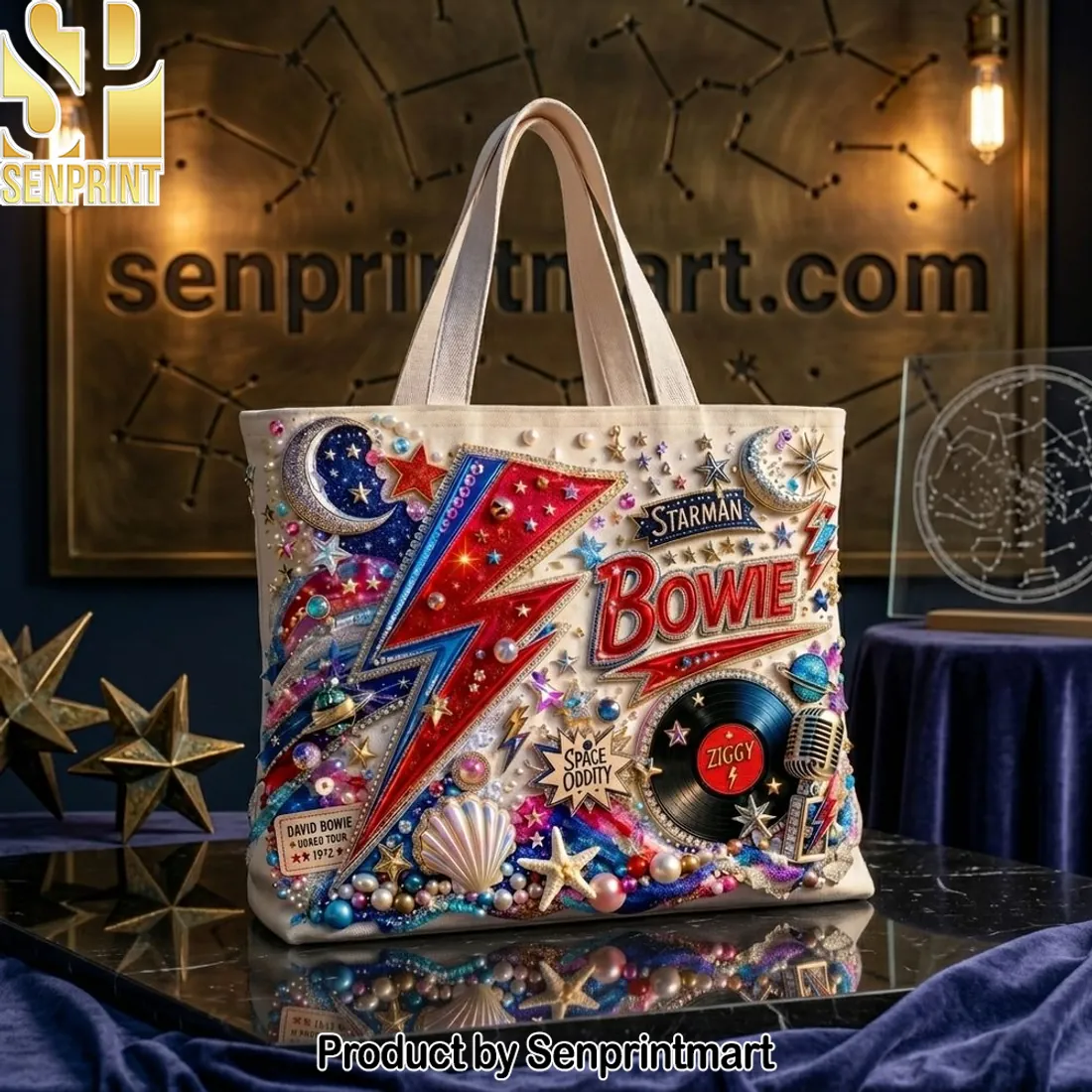 David Bowie Ziggy Stardust Starman Embellished Tote Bag
