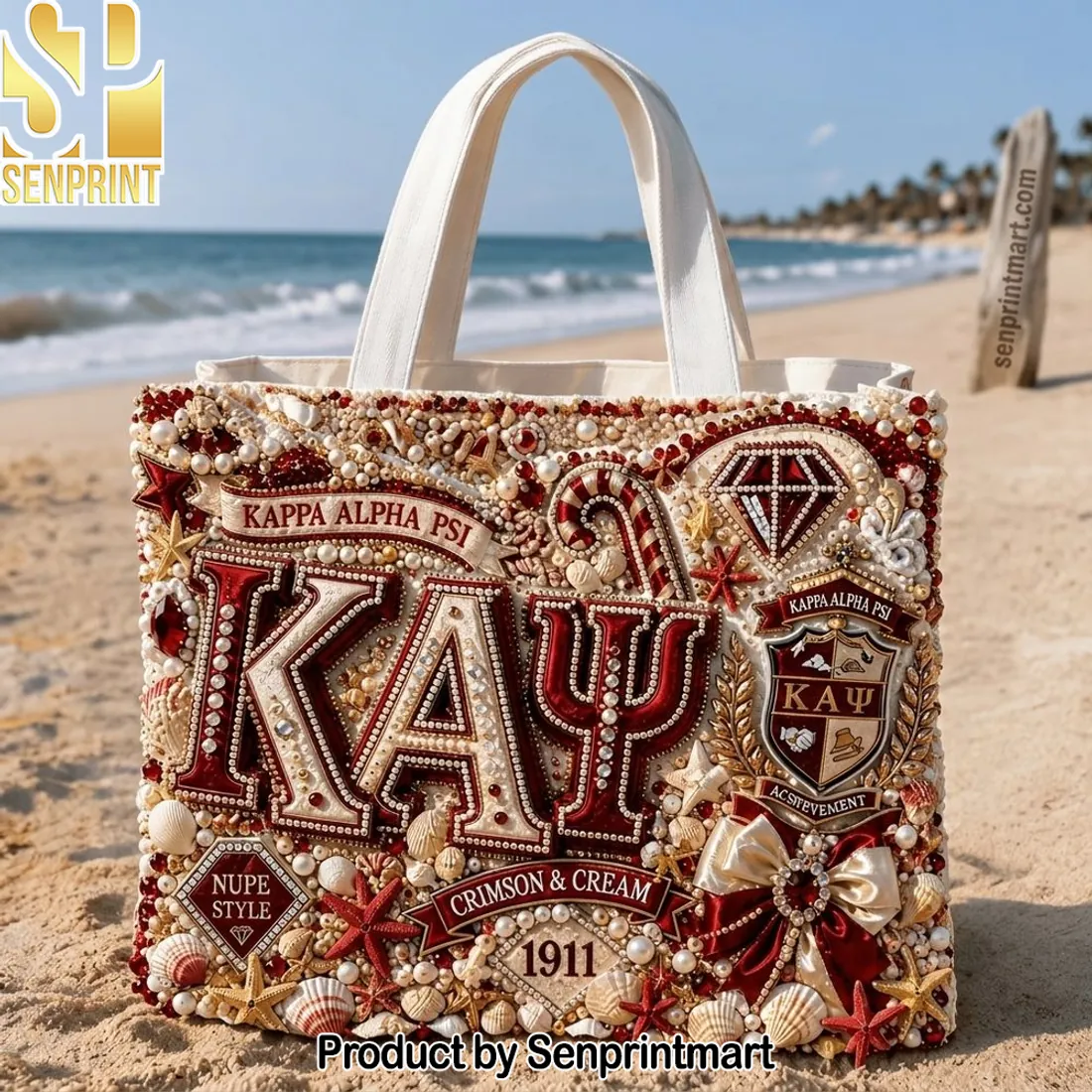 Kappa Alpha Psi Crimson and Cream 1911 Beaded Luxury Tote Bag