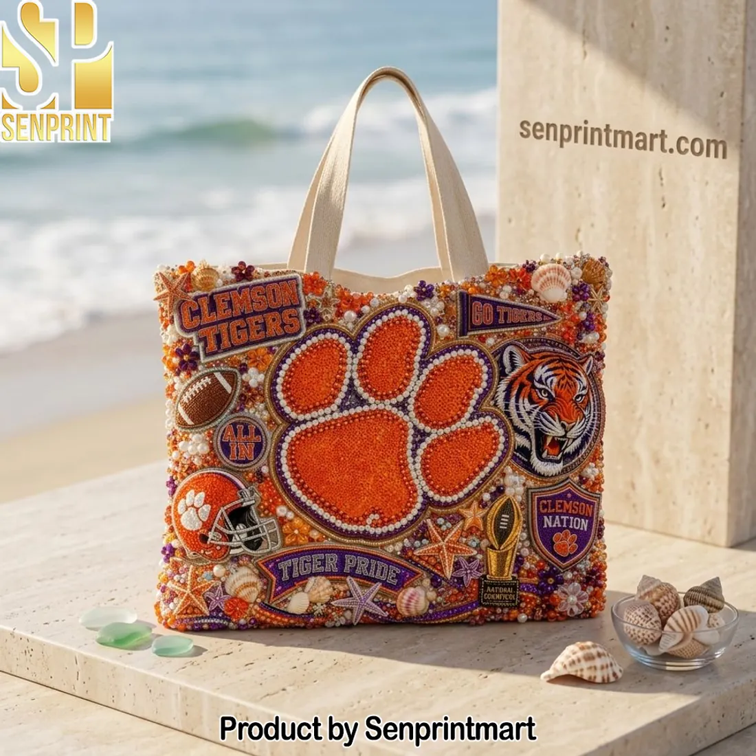 Clemson Tigers Beaded Game Day Embellished Canvas Tote Bag