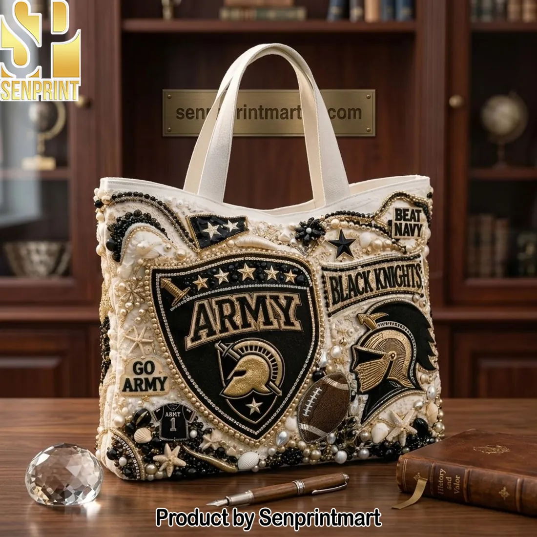 Army Black Knights Game Day Luxury Beaded Embellished Tote Bag