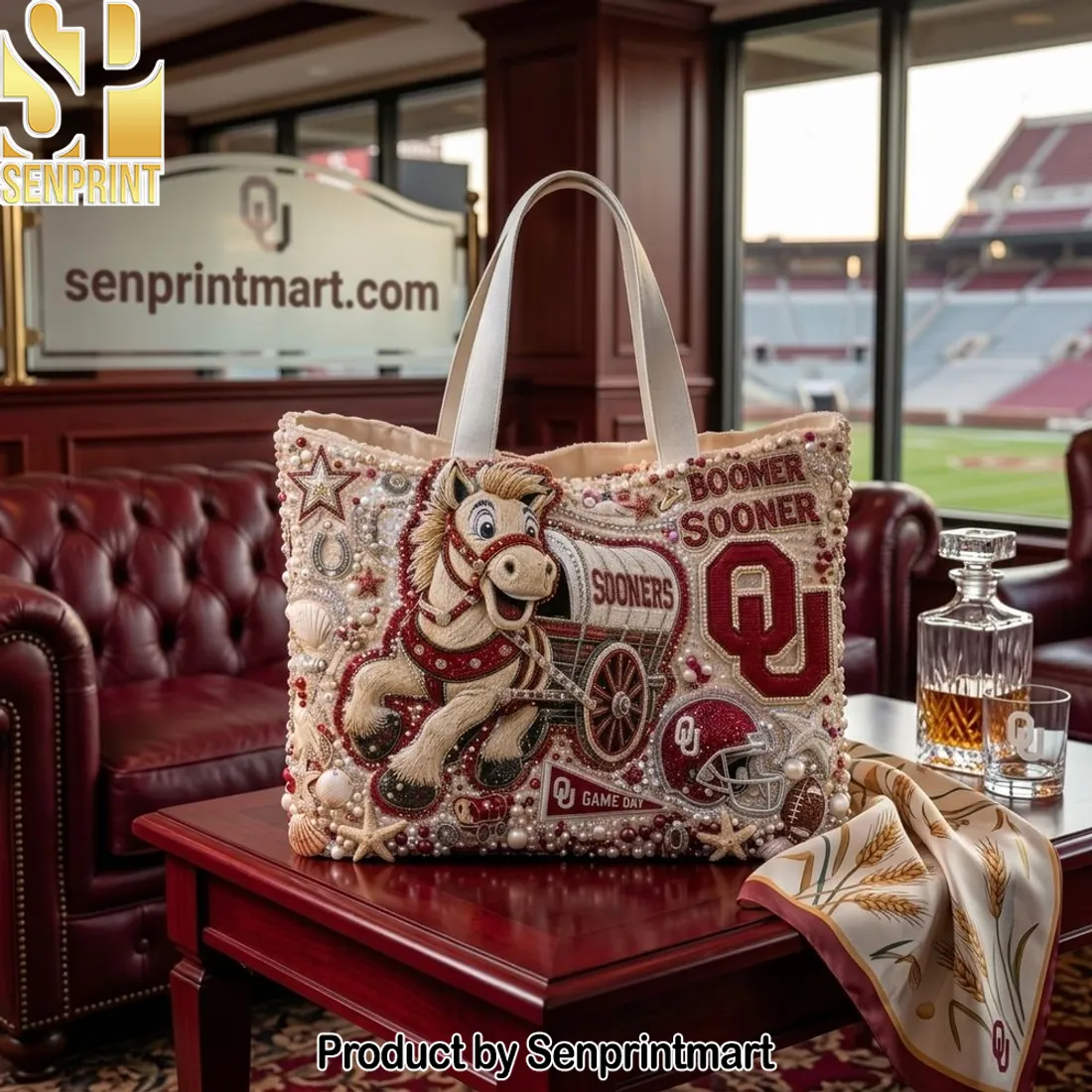 Oklahoma Sooners Boomer Sooner Beaded Luxury Game Day Tote Bag