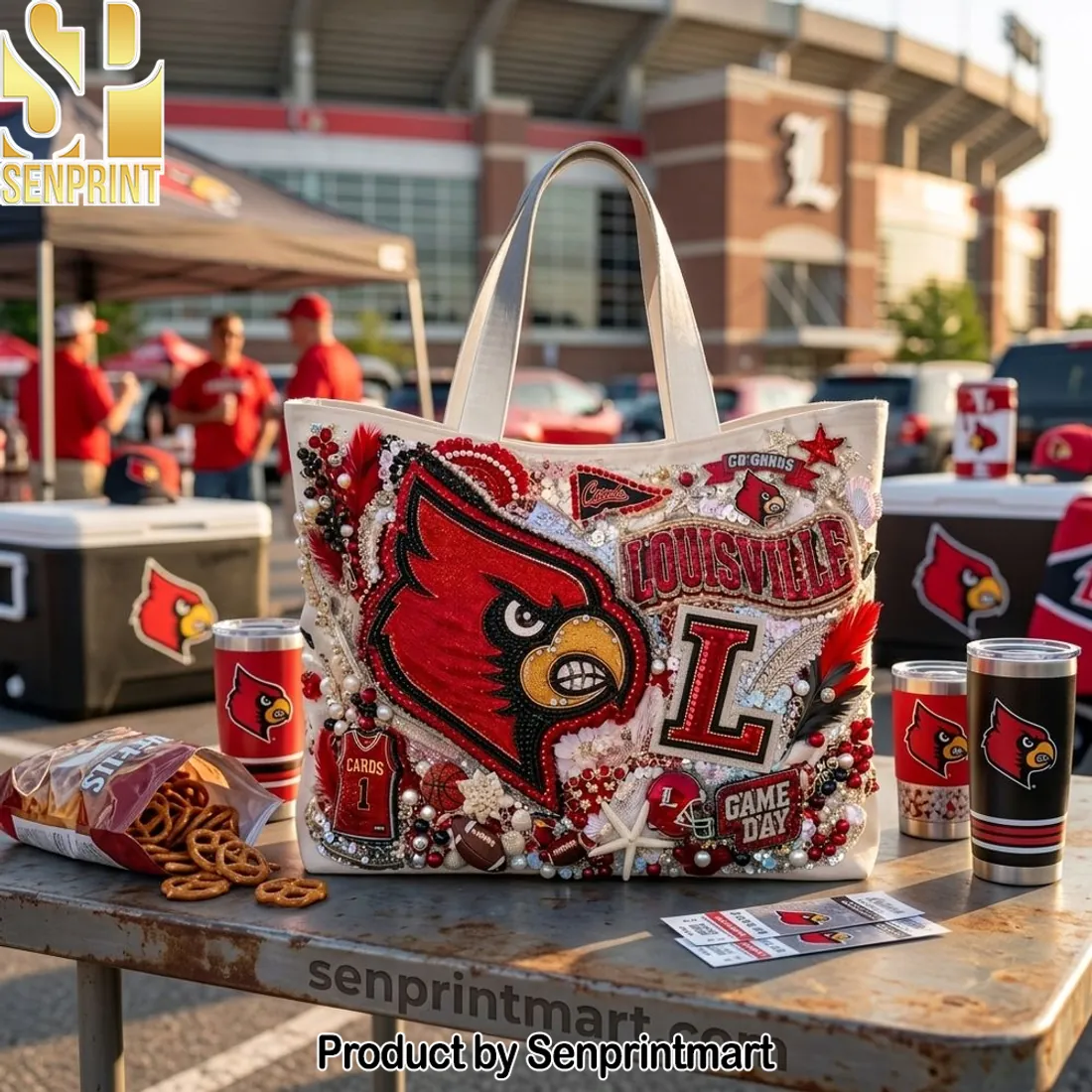 Louisville Cardinals Beaded Game Day Embellished Canvas Tote Bag