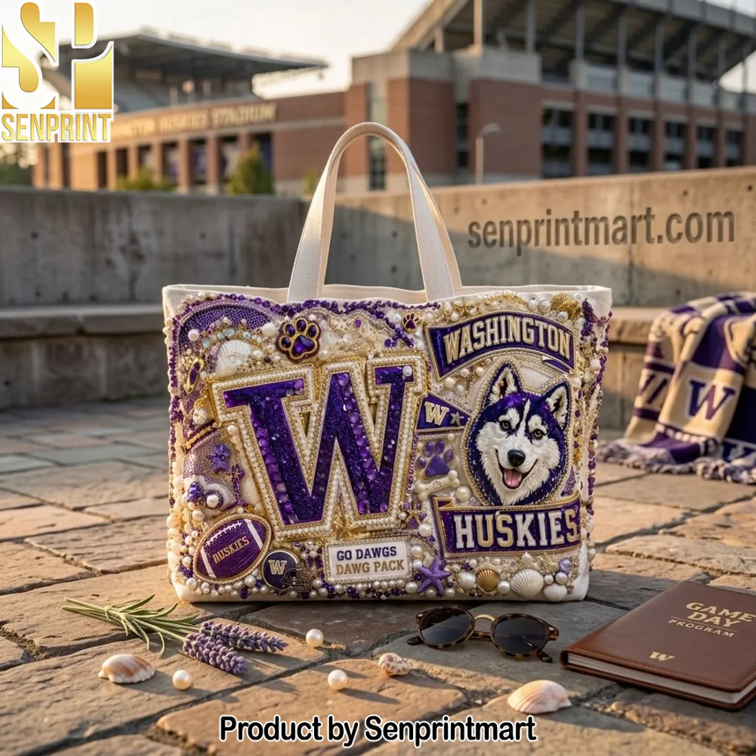 Washington Huskies Go Dawgs Game Day Beaded Sequin Tote Bag