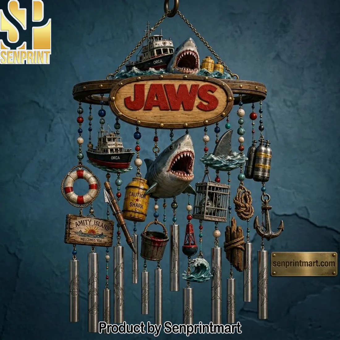 JAWS Movie Premium 3D Shark & Orca Boat Nautical Wind Chime