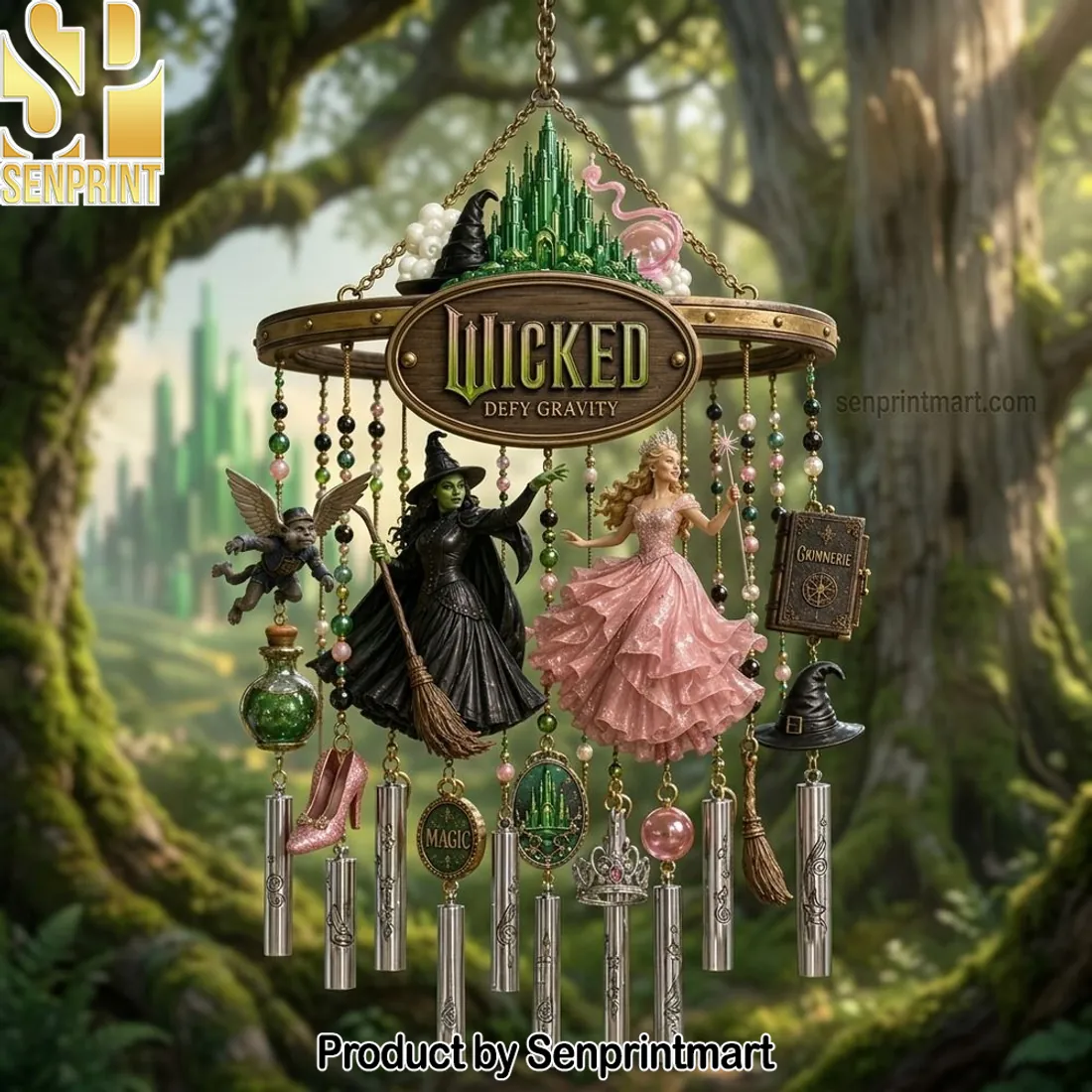 Wicked Defy Gravity Elphaba Glinda Emerald City Wind Chime