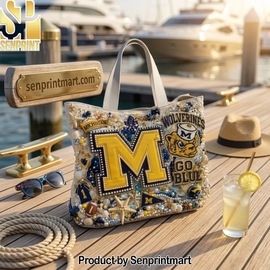 Michigan Wolverines Go Blue Beaded Embellished Summer Tote Bag