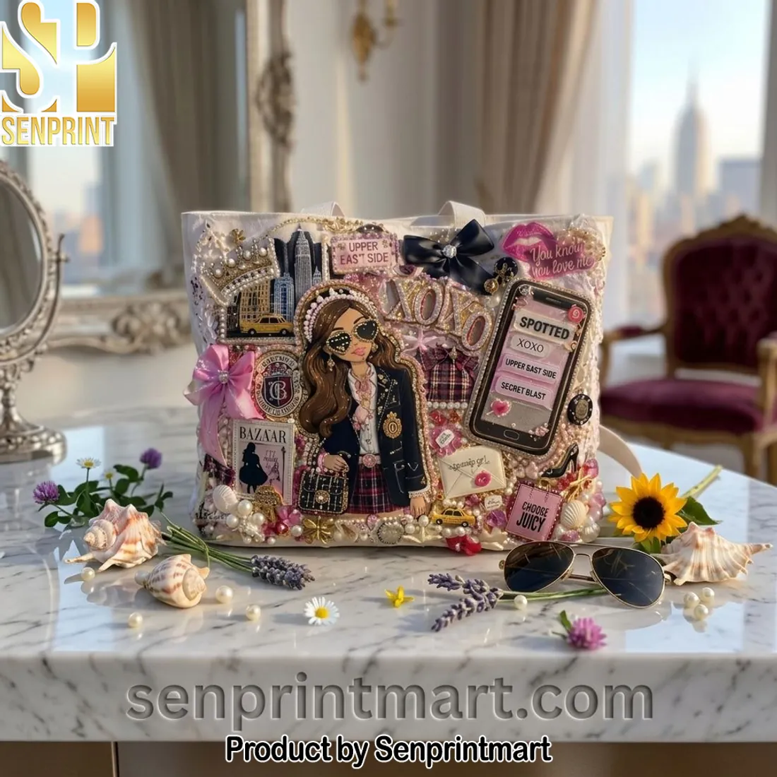 Gossip Girl Upper East Side XOXO Preppy Pearl Embellished Tote Bag