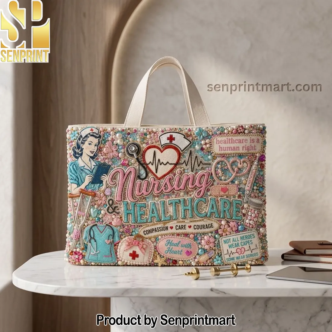 Nursing and Healthcare Premium Beaded Pearl Embellished Tote Bag