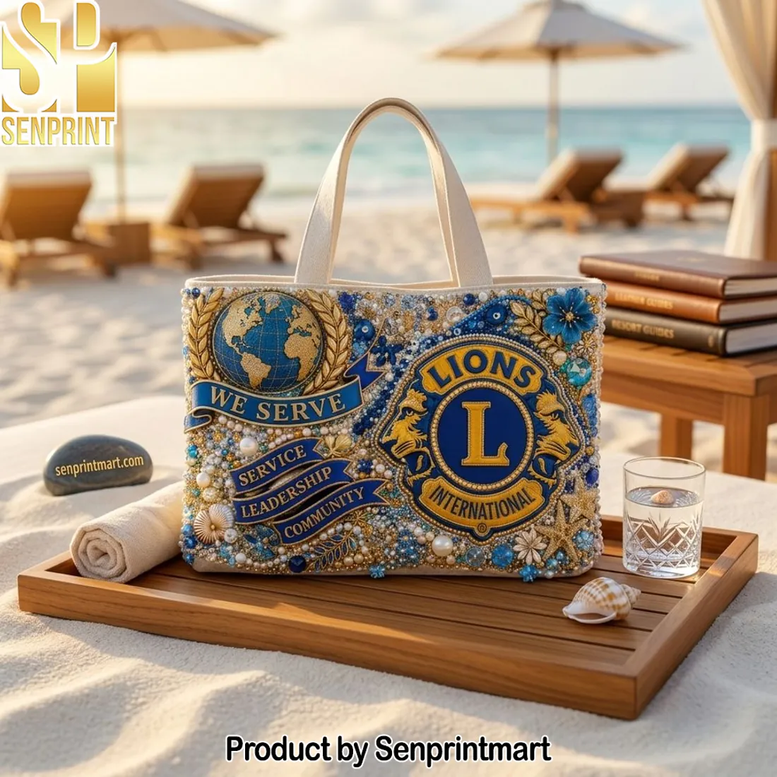 Lions Clubs International We Serve Luxury Beaded Tote Bag