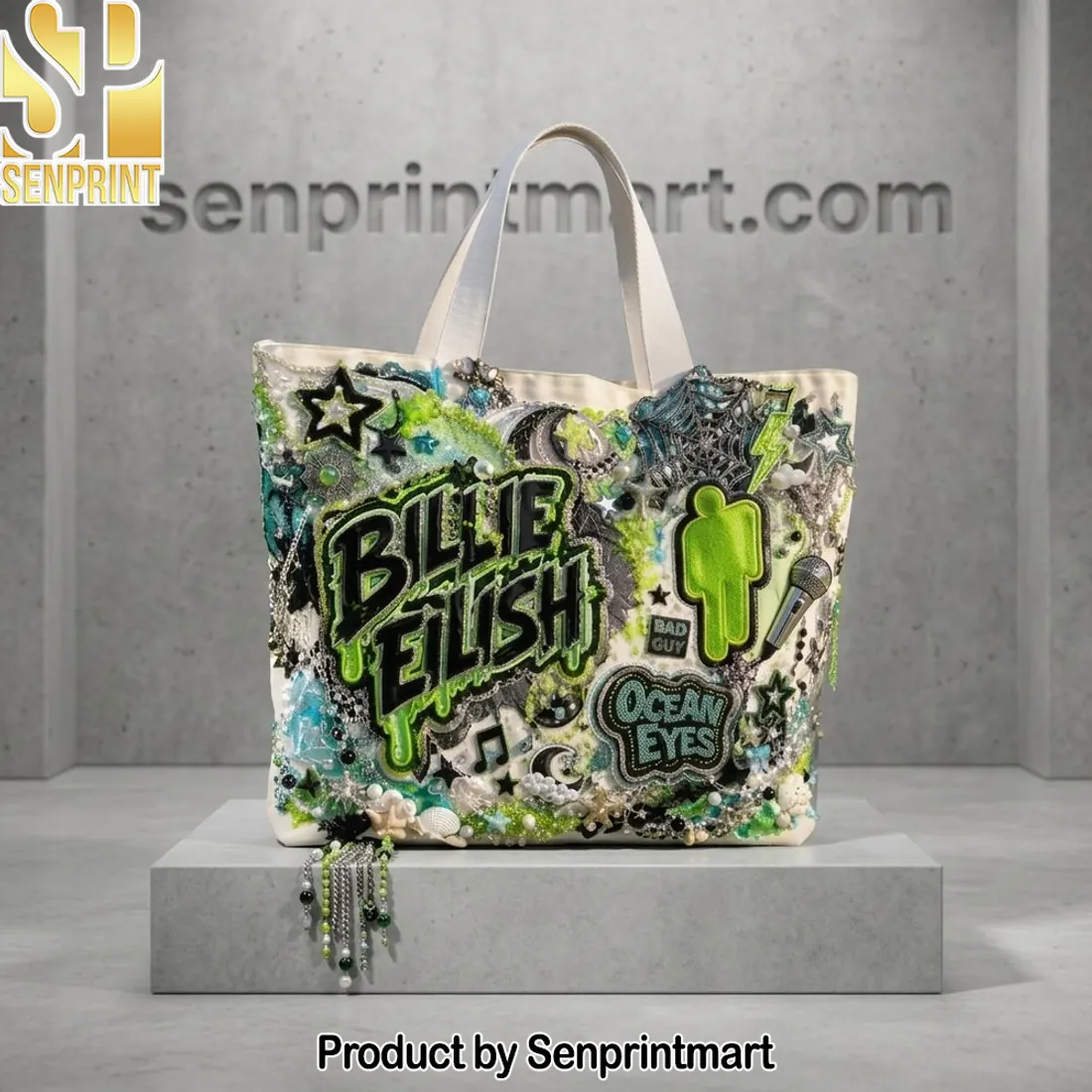 Billie Eilish Blohsh Bad Guy Ocean Eyes 3D Embellished Tote Bag
