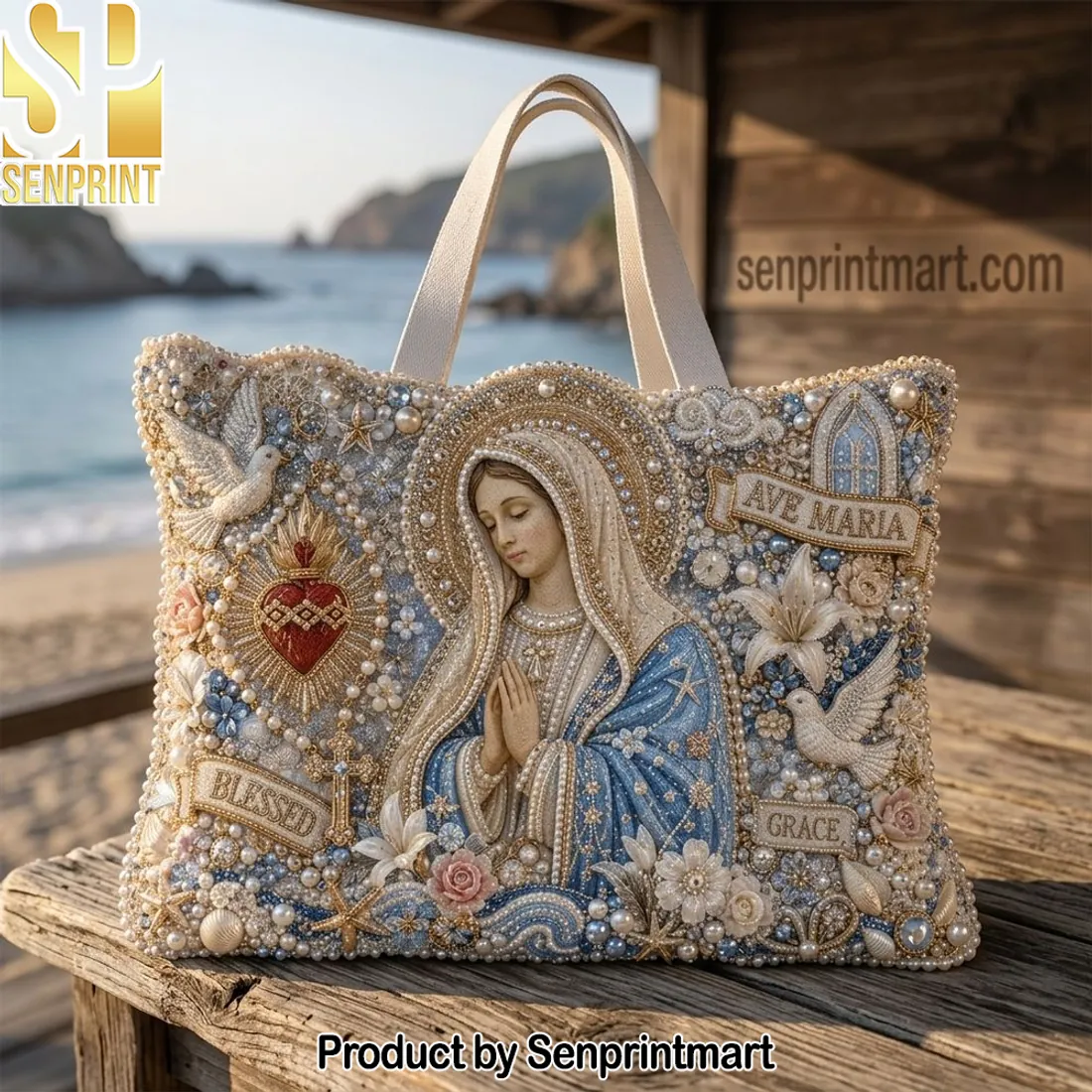 Virgin Mary Ave Maria Beaded Religious Tote Bag