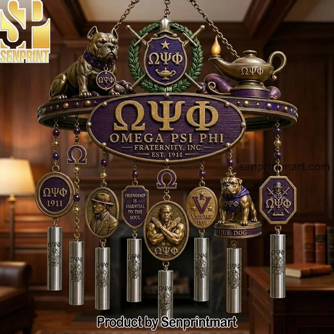 Omega Psi Phi Fraternity Que Dog Premium Wind Chime