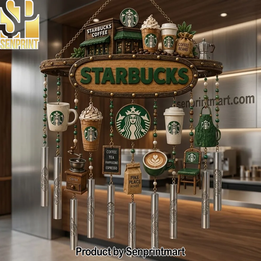 Starbucks Coffee Premium 3D Wooden Coffee Bar Wind Chime