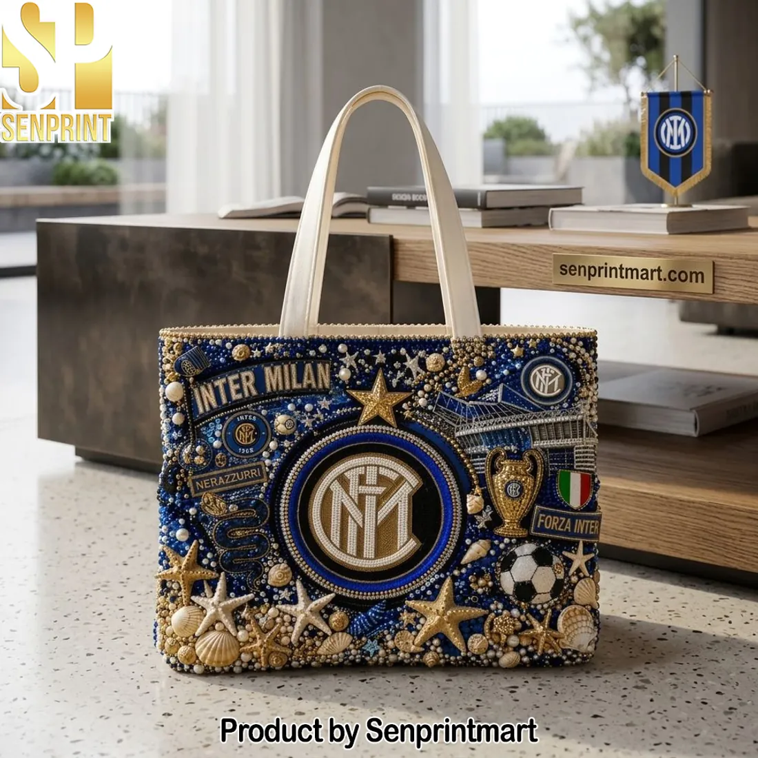 Inter Milan Nerazzurri Luxury Beaded Pearl Summer Beach Tote Bag
